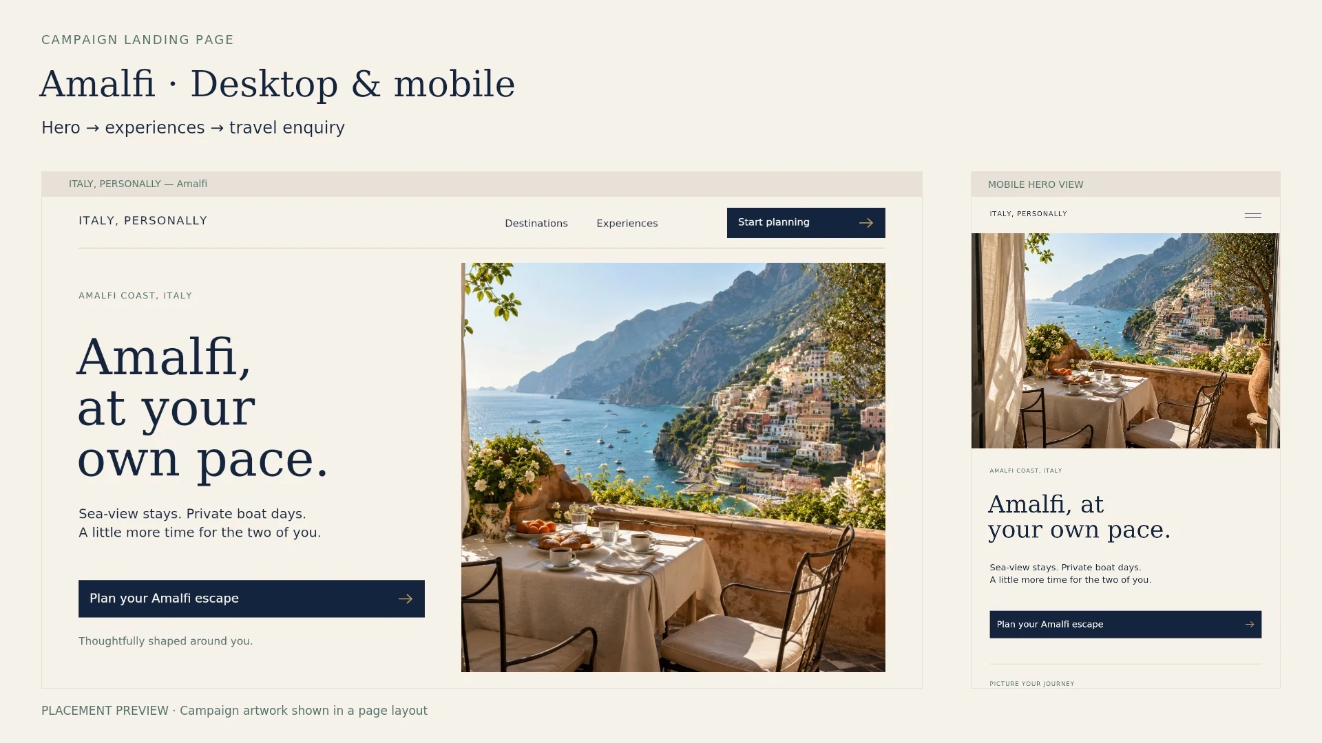 Amalfi desktop and mobile landing page overview