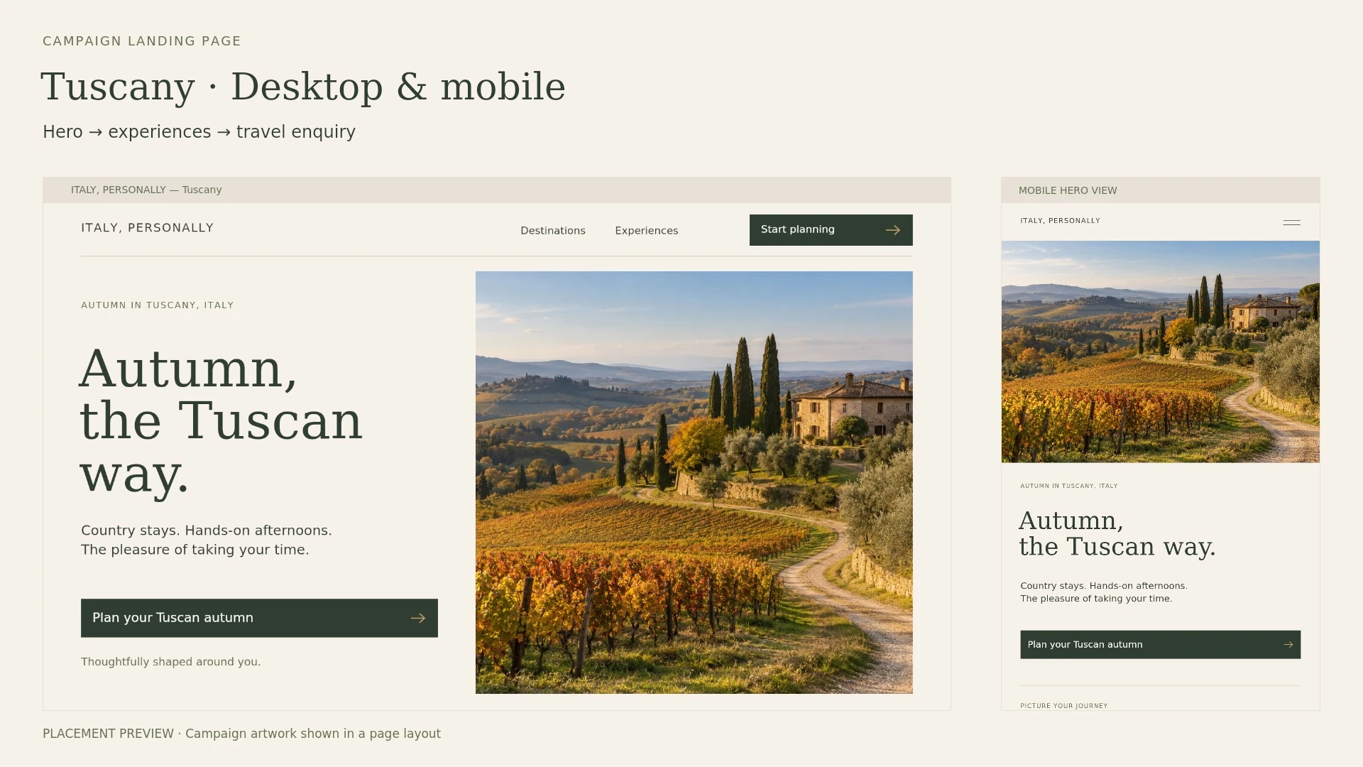 Tuscany desktop and mobile landing page overview